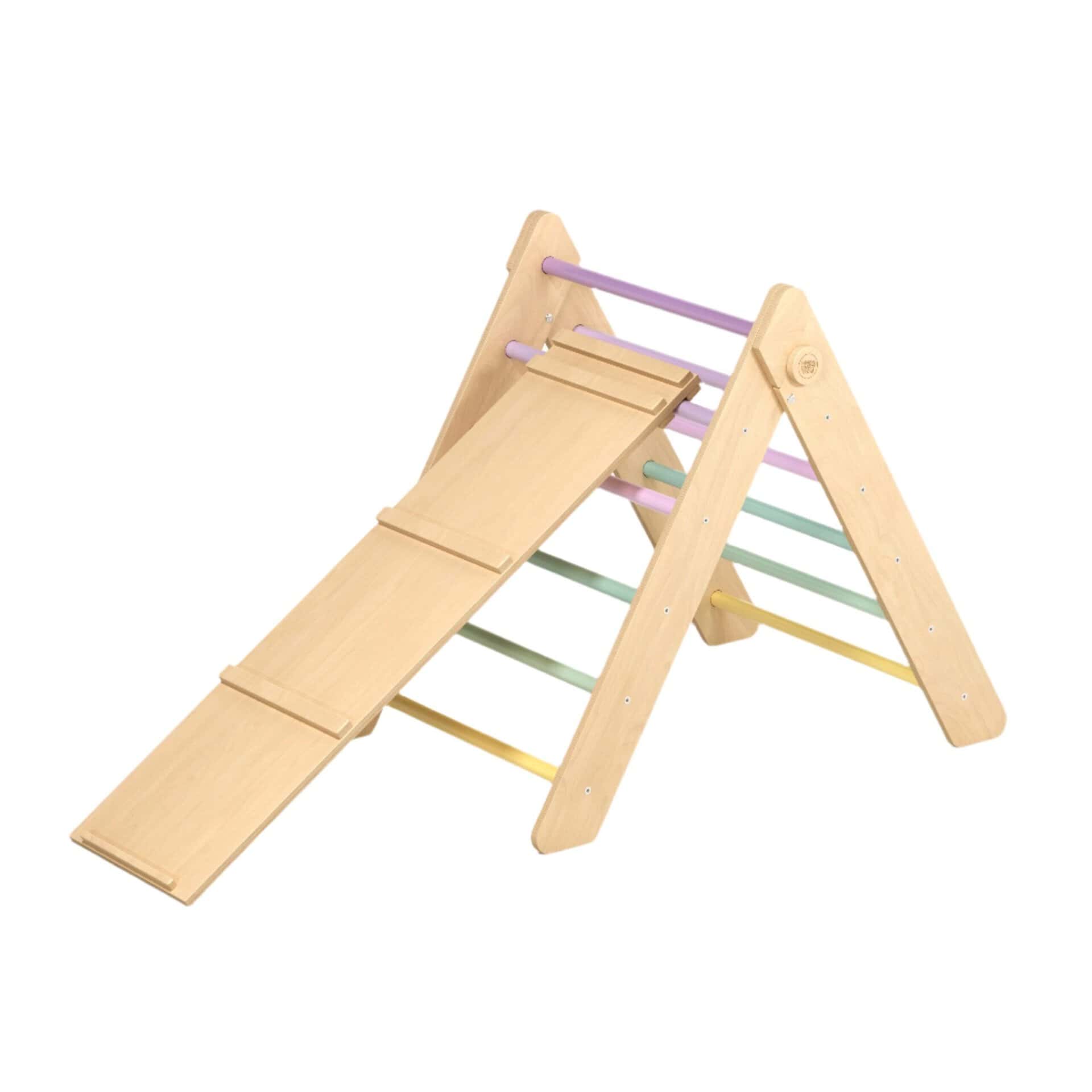 BusyKids Pikler driehoek Pastel met dubbelzijdige plank. Houten klimspeelgoed voor klimmen, glijden en motorische ontwikkeling.