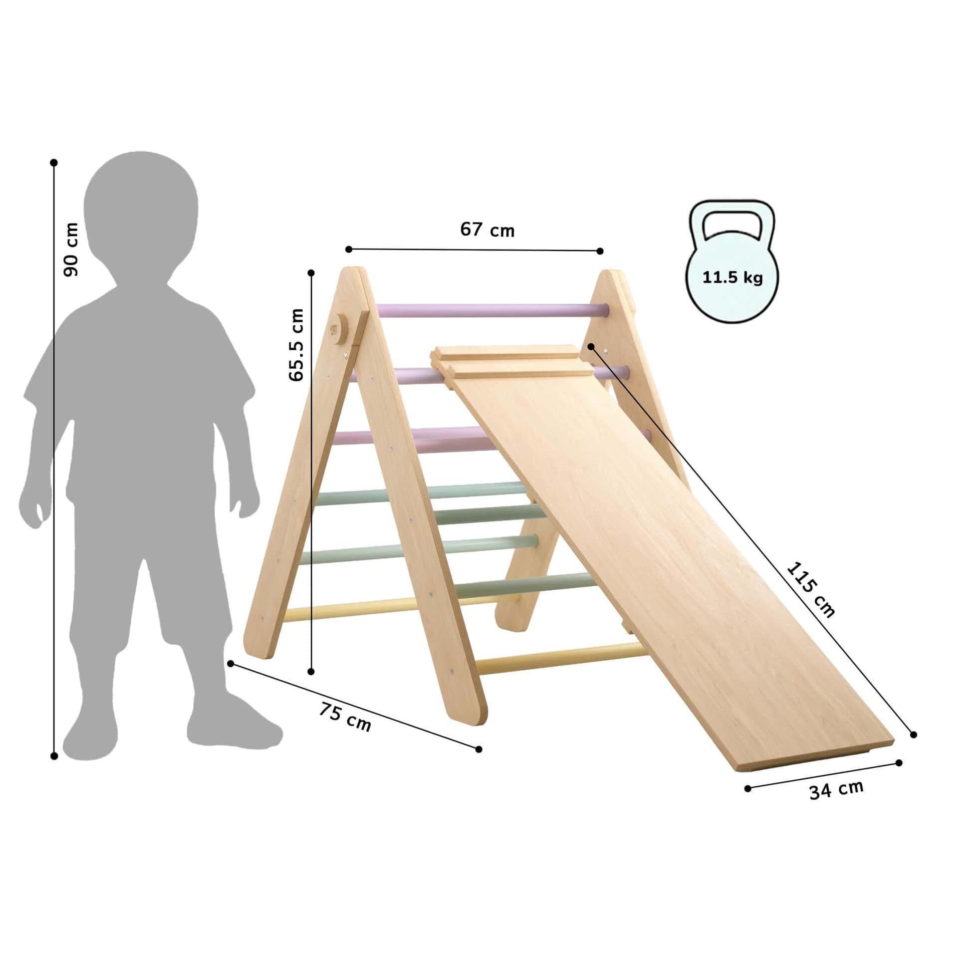 BusyKids Pikler driehoek Pastel met dubbelzijdige plank. Houten klimspeelgoed voor klimmen, glijden en motorische ontwikkeling.