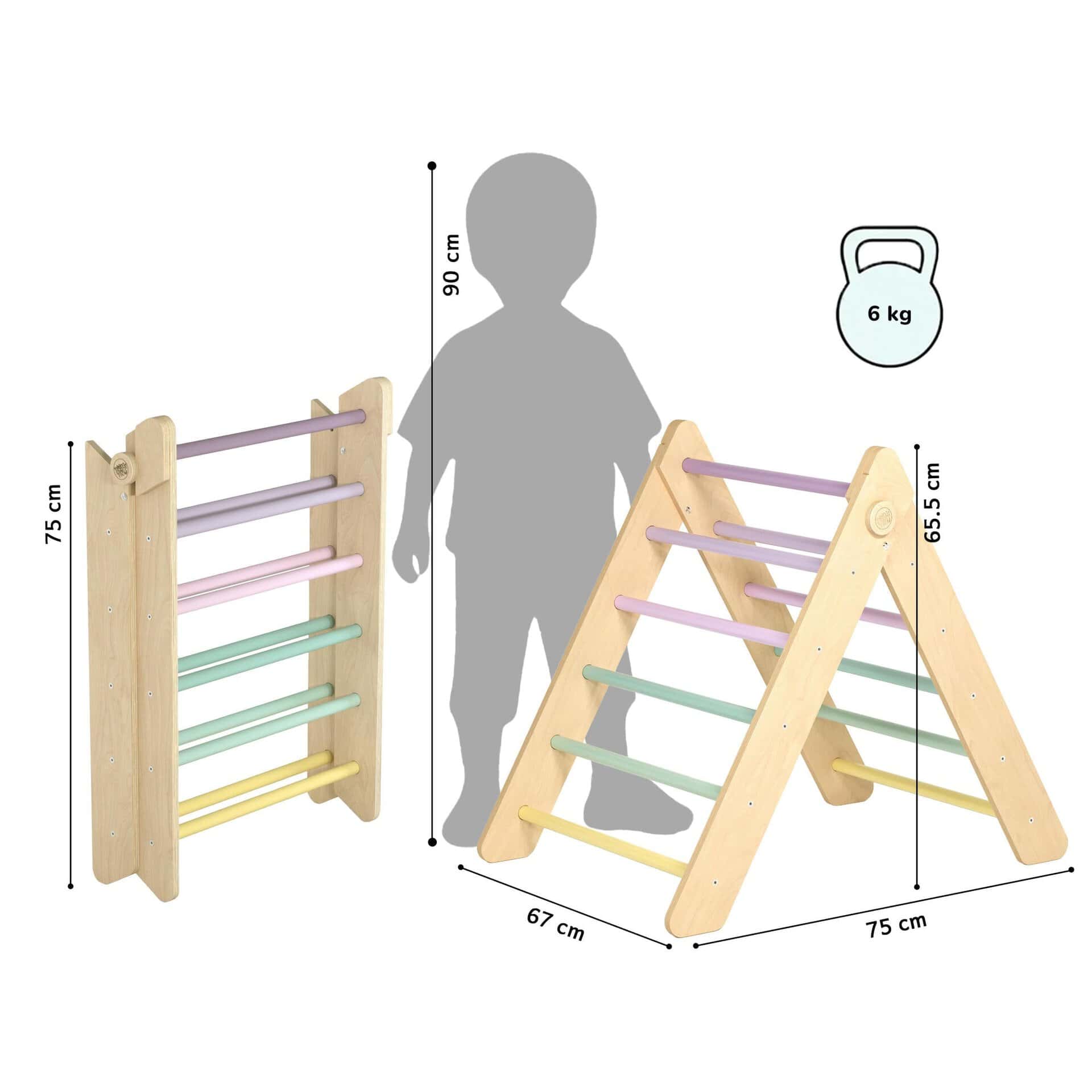 BusyKids Pikler driehoek Pastel met dubbelzijdige plank. Houten klimspeelgoed voor klimmen, glijden en motorische ontwikkeling.